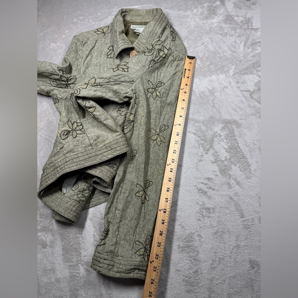 Vintage 90s Requirements Linen Cotton Blend Green Floral Embroidered Jacket XL - Picture 8 of 16